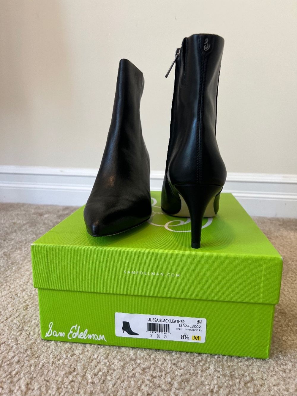 Sam Edelman Ulissa Black Leather Pointed Toe Stiletto Ankle Booties Box 8.5